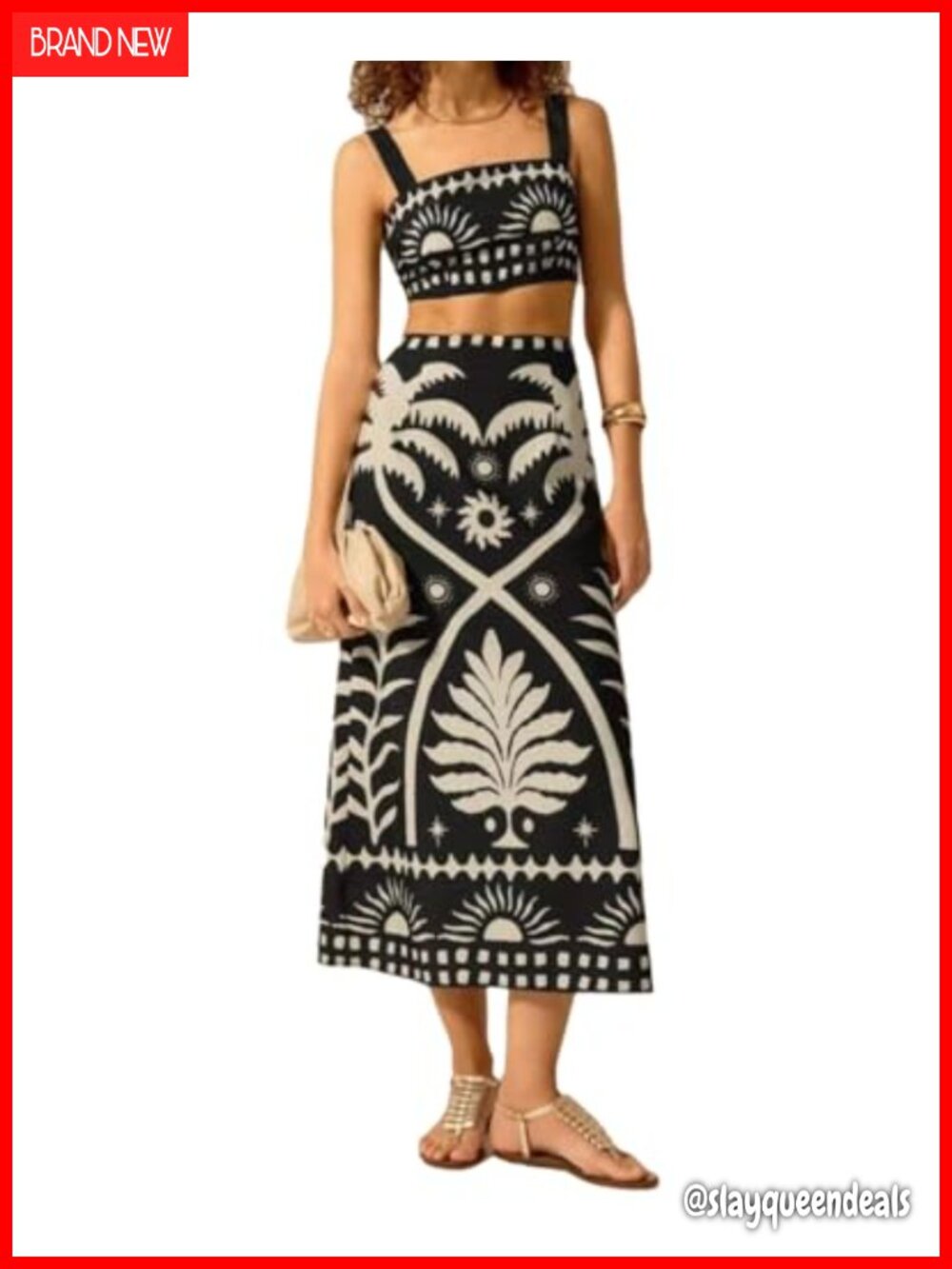 Women 2 Piece Tropical Print Crop Top Midi Skirt Set Summer Vacation Outfit